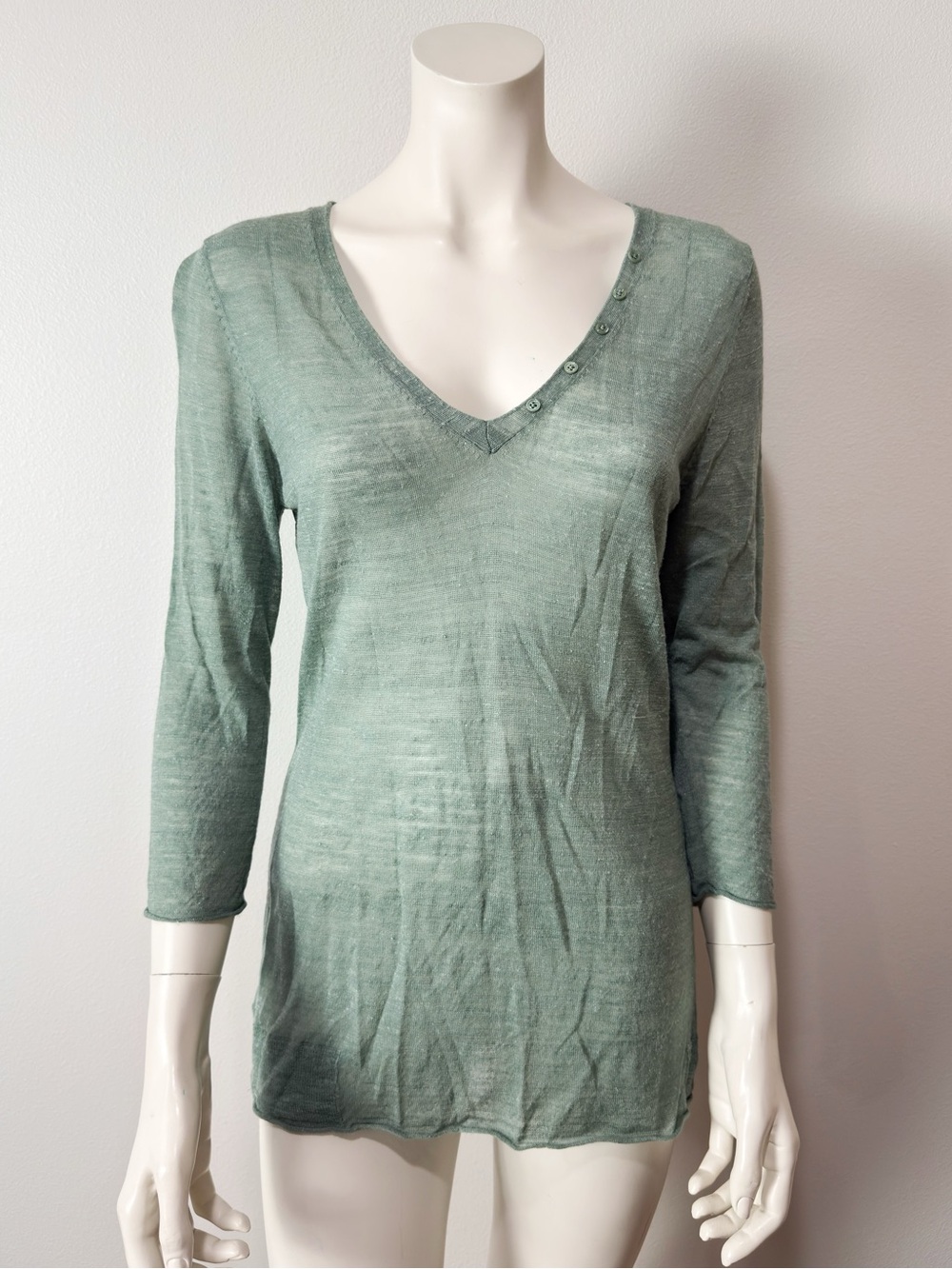 Wrap London Seafoam Green V-Neck Henley Lightweight Top Size 8